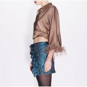 NEW ZARA Bloggers Fave Teal Blue Metallic Jacquard Ruffle Mini Skirt size M